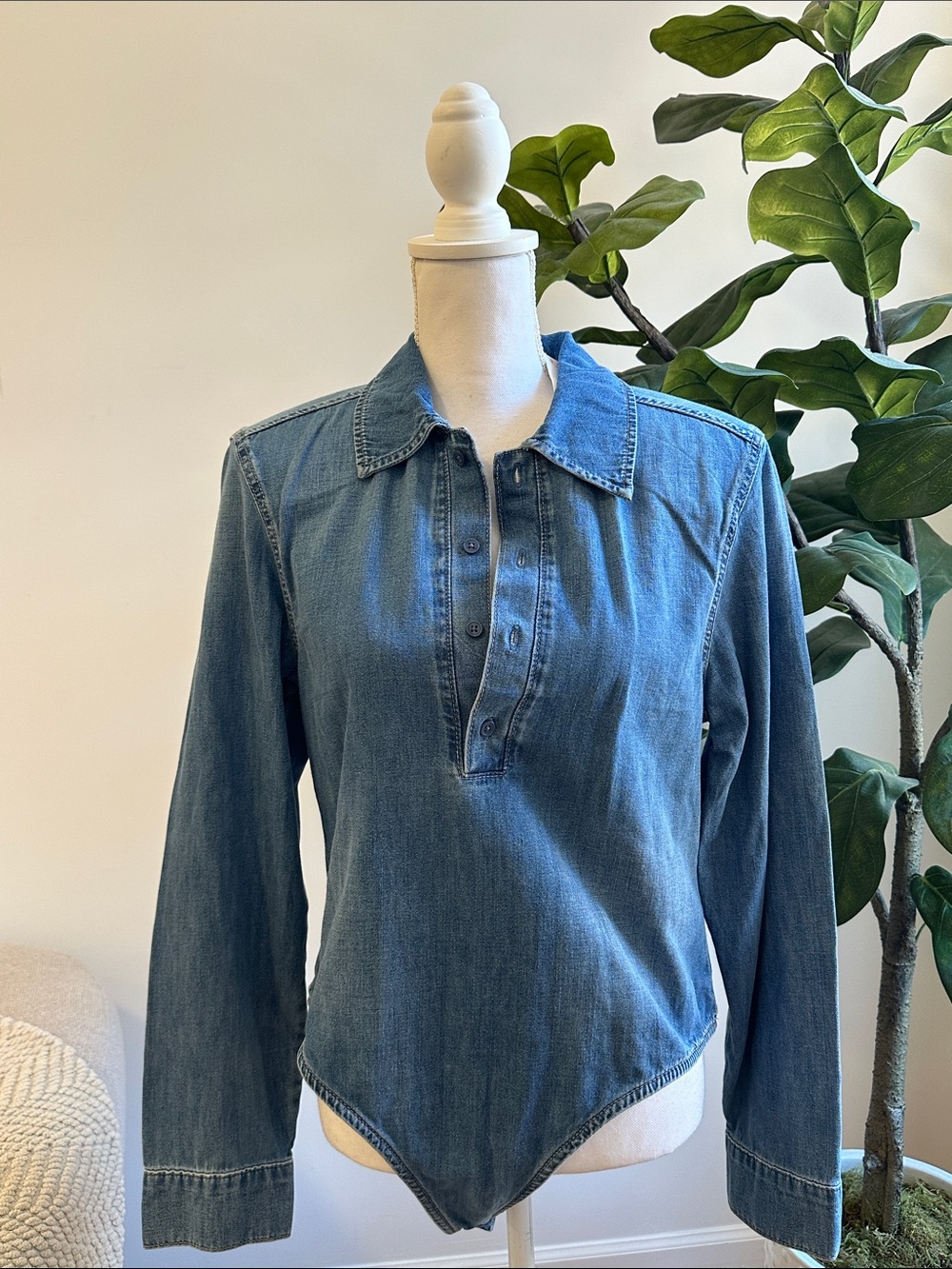Zara Denim Button-Placket Long Sleeve bodysuit  - Medium Blue